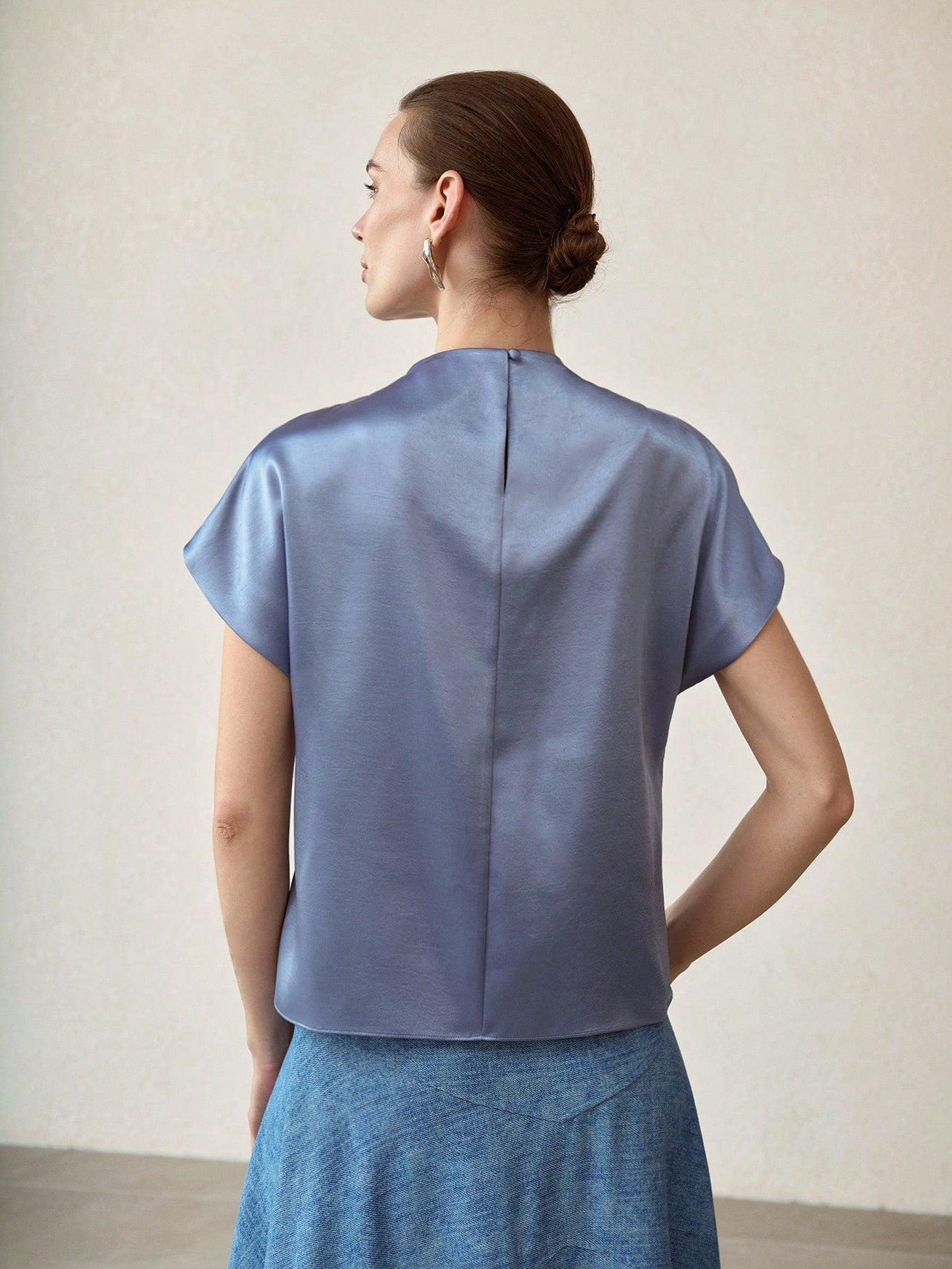 CM-TS734896 Women Elegant Seoul Style Round Neck Batwing Short Sleeve Funnel Neck Top - Blue