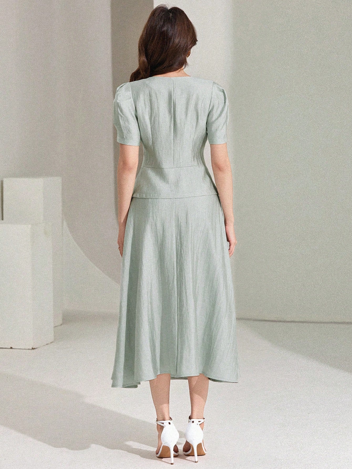 CM-SS541511 Women Elegant Seoul Style Solid Color V-Neck Puff Sleeve Blouse With Midi Skirt - Set