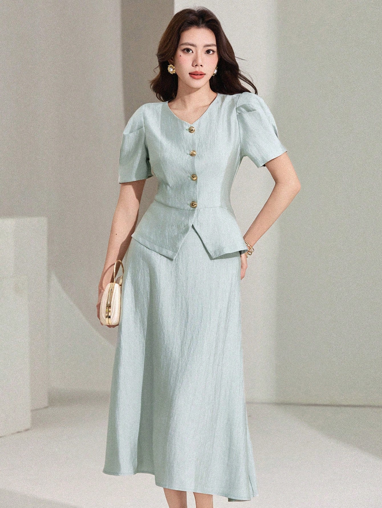 CM-SS541511 Women Elegant Seoul Style Solid Color V-Neck Puff Sleeve Blouse With Midi Skirt - Set