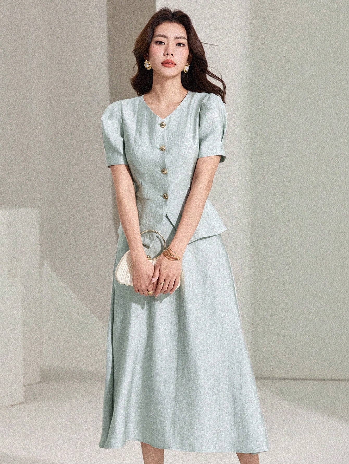 CM-SS541511 Women Elegant Seoul Style Solid Color V-Neck Puff Sleeve Blouse With Midi Skirt - Set