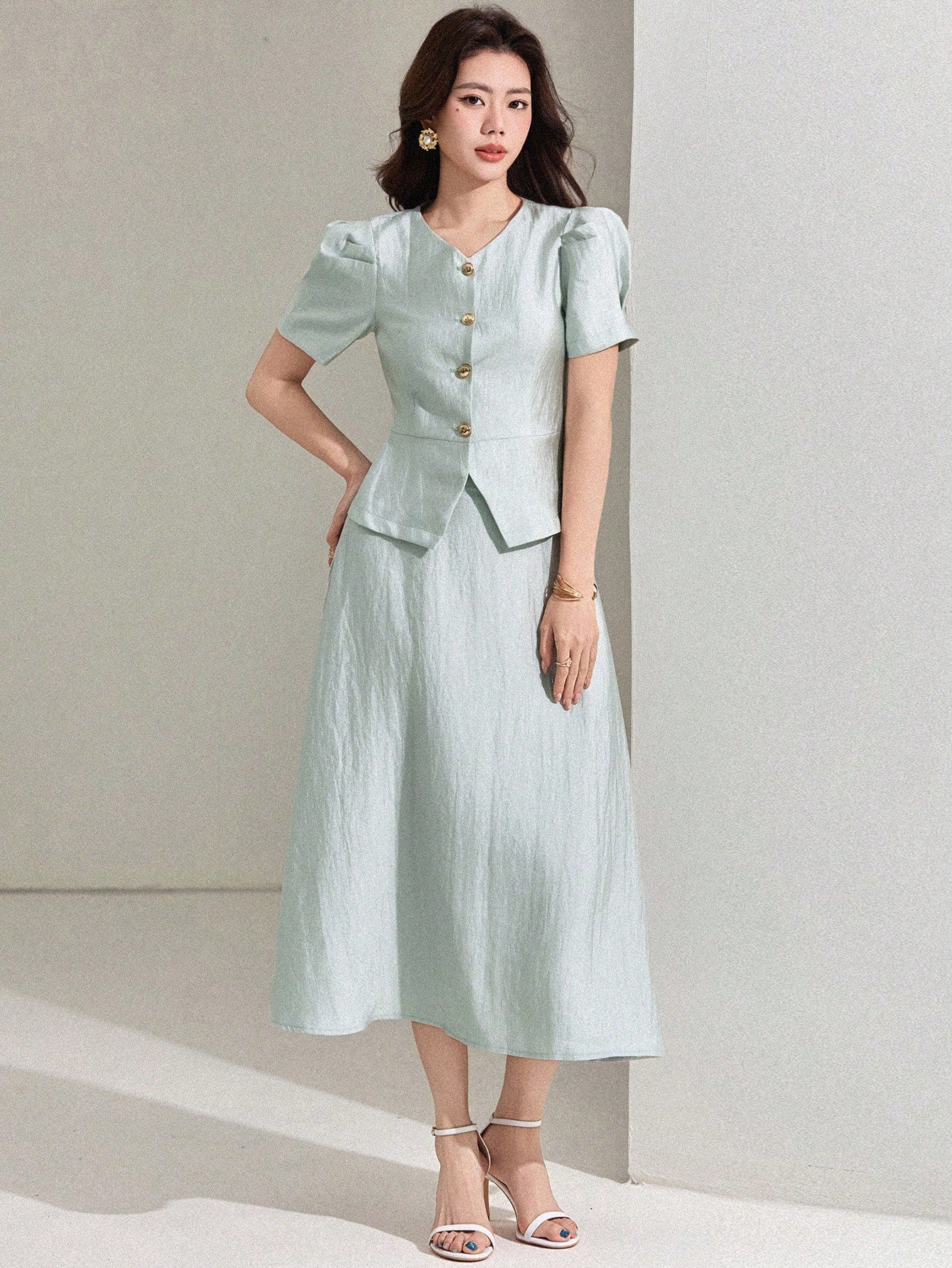 CM-SS541511 Women Elegant Seoul Style Solid Color V-Neck Puff Sleeve Blouse With Midi Skirt - Set