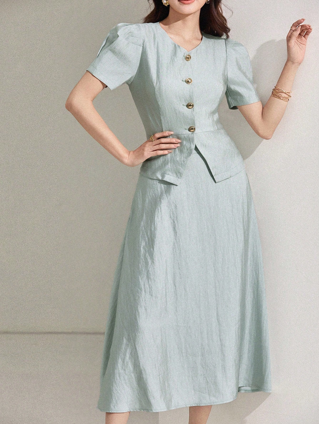 CM-SS541511 Women Elegant Seoul Style Solid Color V-Neck Puff Sleeve Blouse With Midi Skirt - Set
