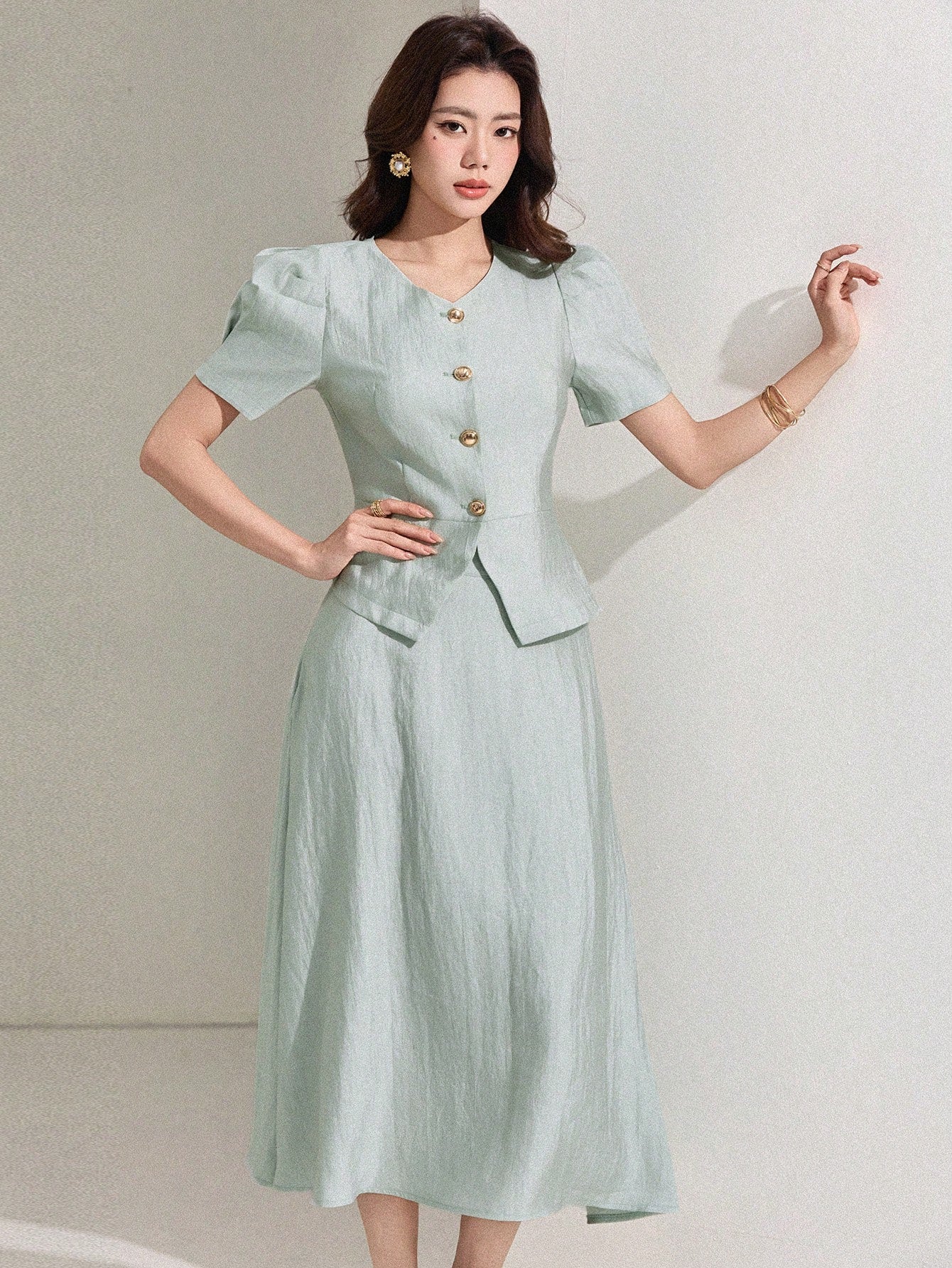CM-SS541511 Women Elegant Seoul Style Solid Color V-Neck Puff Sleeve Blouse With Midi Skirt - Set