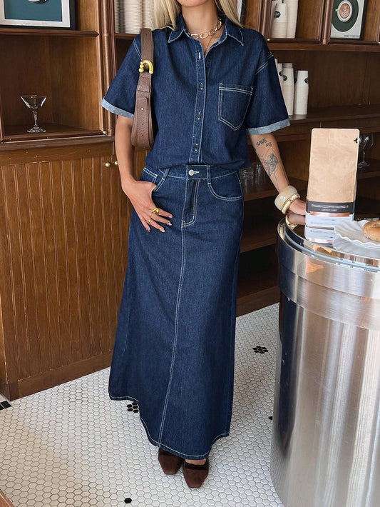 CM-SS483438 Women Casual Seoul Style Medium Wash Collar Neckline Short Sleeve Denim Shirt With Straight Long Skirt - Set