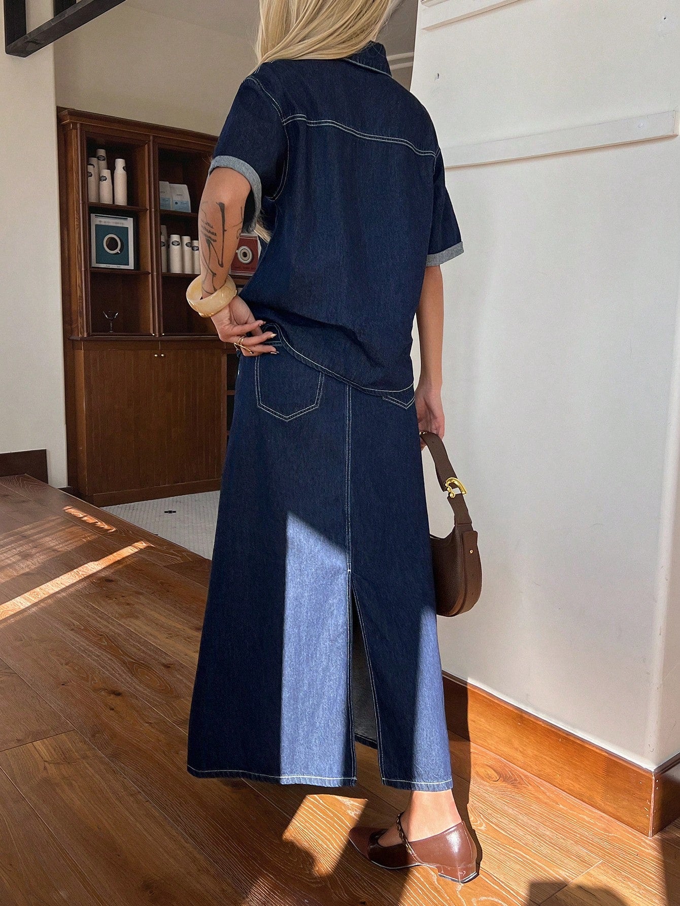 CM-SS483438 Women Casual Seoul Style Medium Wash Collar Neckline Short Sleeve Denim Shirt With Straight Long Skirt - Set