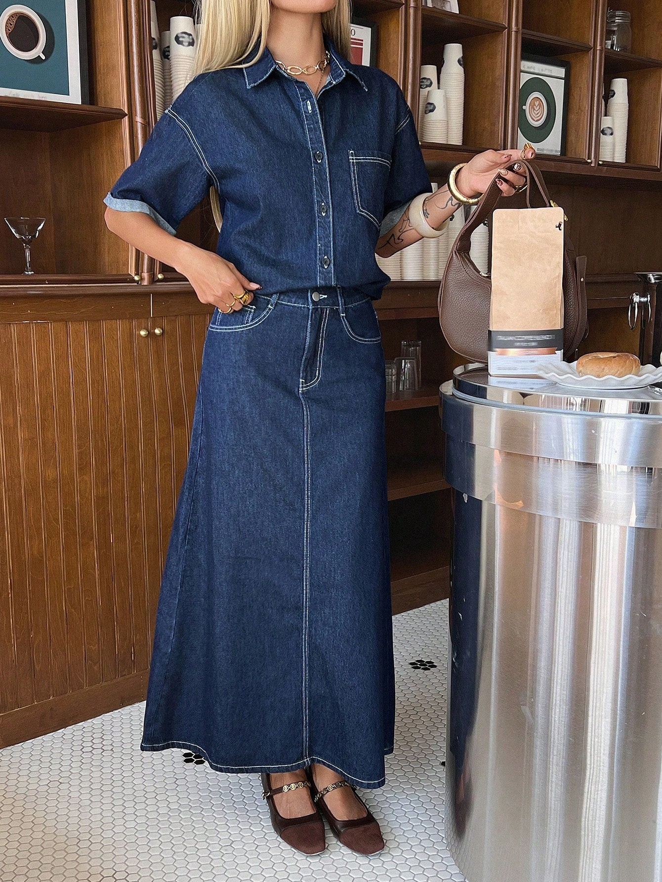CM-SS483438 Women Casual Seoul Style Medium Wash Collar Neckline Short Sleeve Denim Shirt With Straight Long Skirt - Set