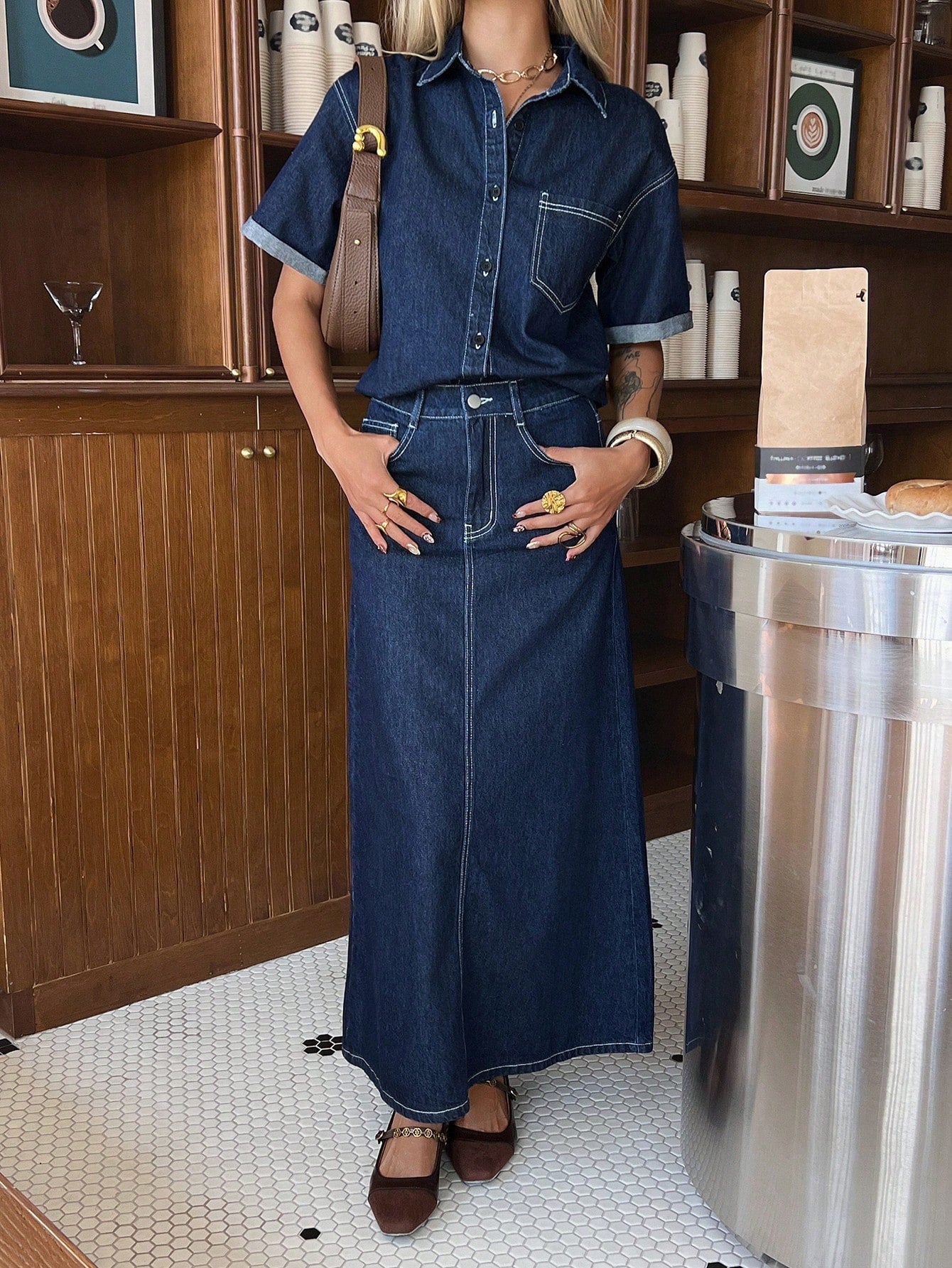 CM-SS483438 Women Casual Seoul Style Medium Wash Collar Neckline Short Sleeve Denim Shirt With Straight Long Skirt - Set