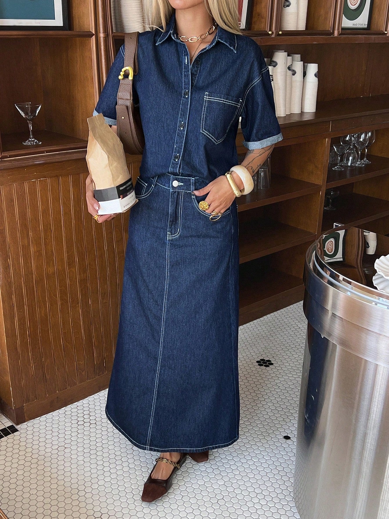 CM-SS483438 Women Casual Seoul Style Medium Wash Collar Neckline Short Sleeve Denim Shirt With Straight Long Skirt - Set