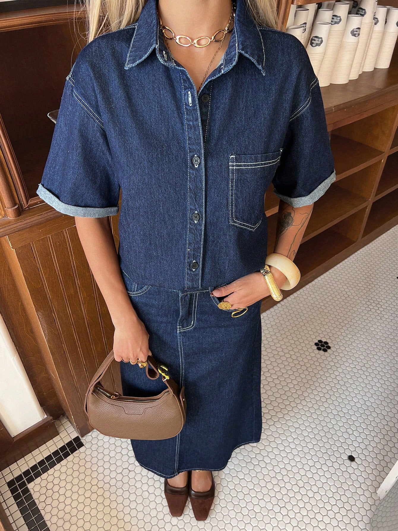 CM-SS483438 Women Casual Seoul Style Medium Wash Collar Neckline Short Sleeve Denim Shirt With Straight Long Skirt - Set