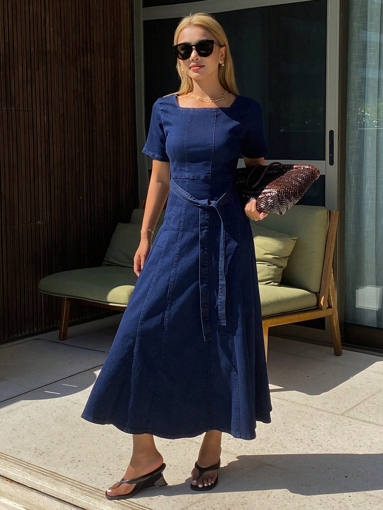 CM-DS419954 Women Casual Seoul Style Square Neck Short Sleeve High Waist Mid-Length A-Line Denim Dress