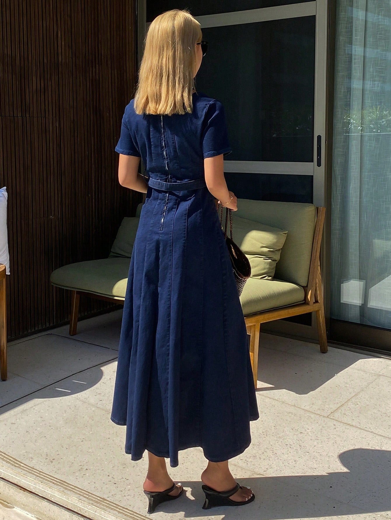 CM-DS419954 Women Casual Seoul Style Square Neck Short Sleeve High Waist Mid-Length A-Line Denim Dress