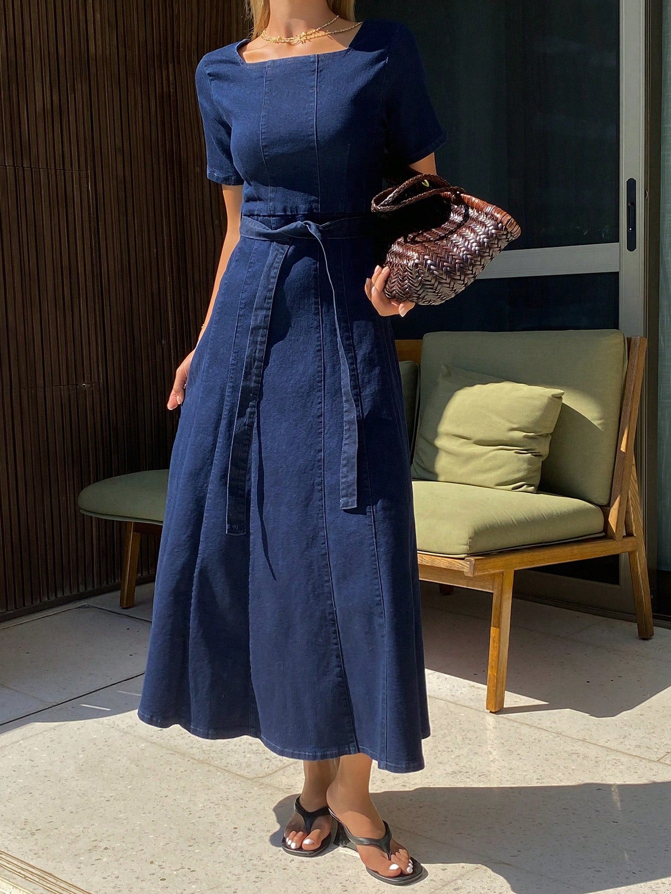 CM-DS419954 Women Casual Seoul Style Square Neck Short Sleeve High Waist Mid-Length A-Line Denim Dress