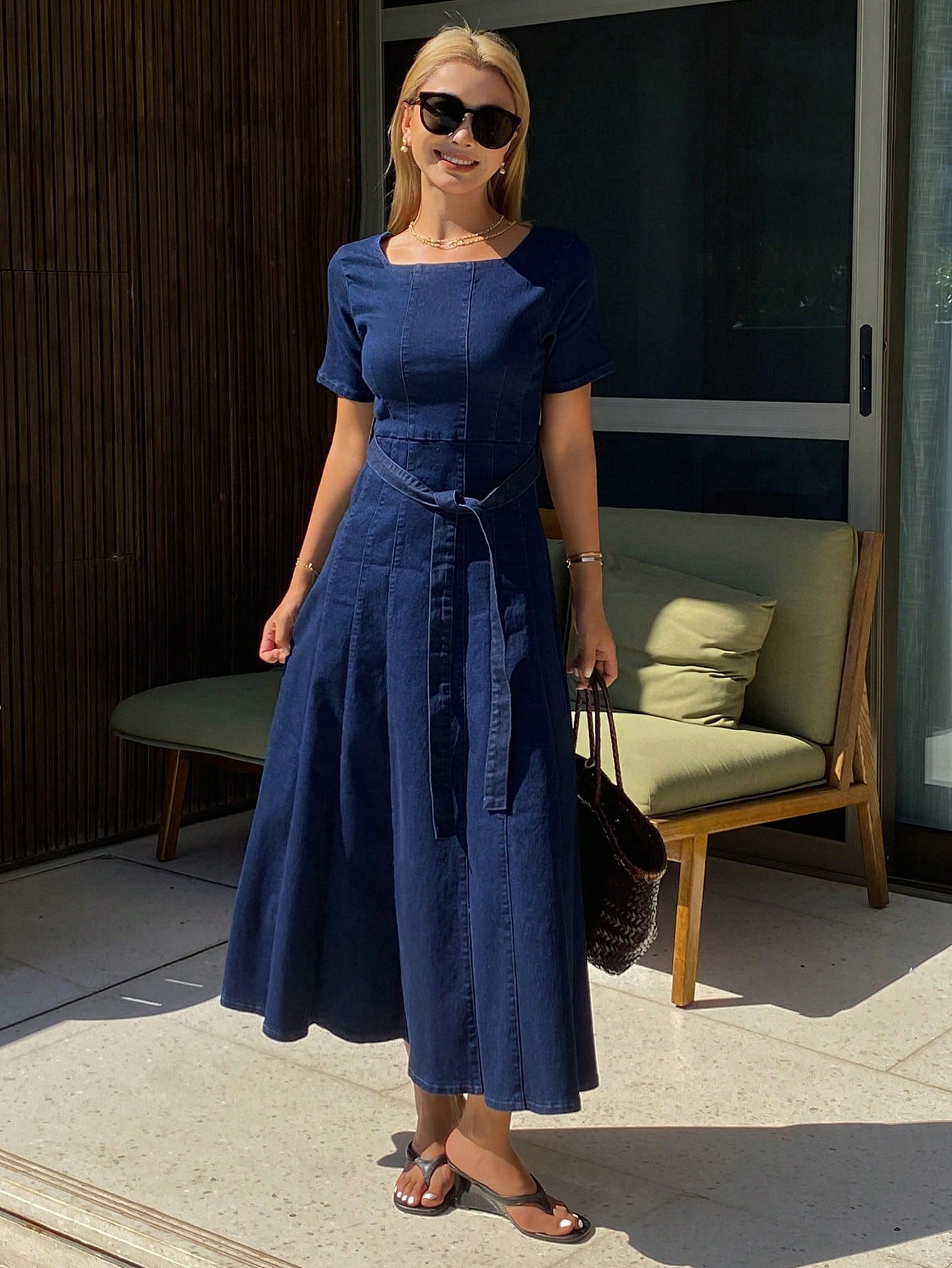 CM-DS419954 Women Casual Seoul Style Square Neck Short Sleeve High Waist Mid-Length A-Line Denim Dress