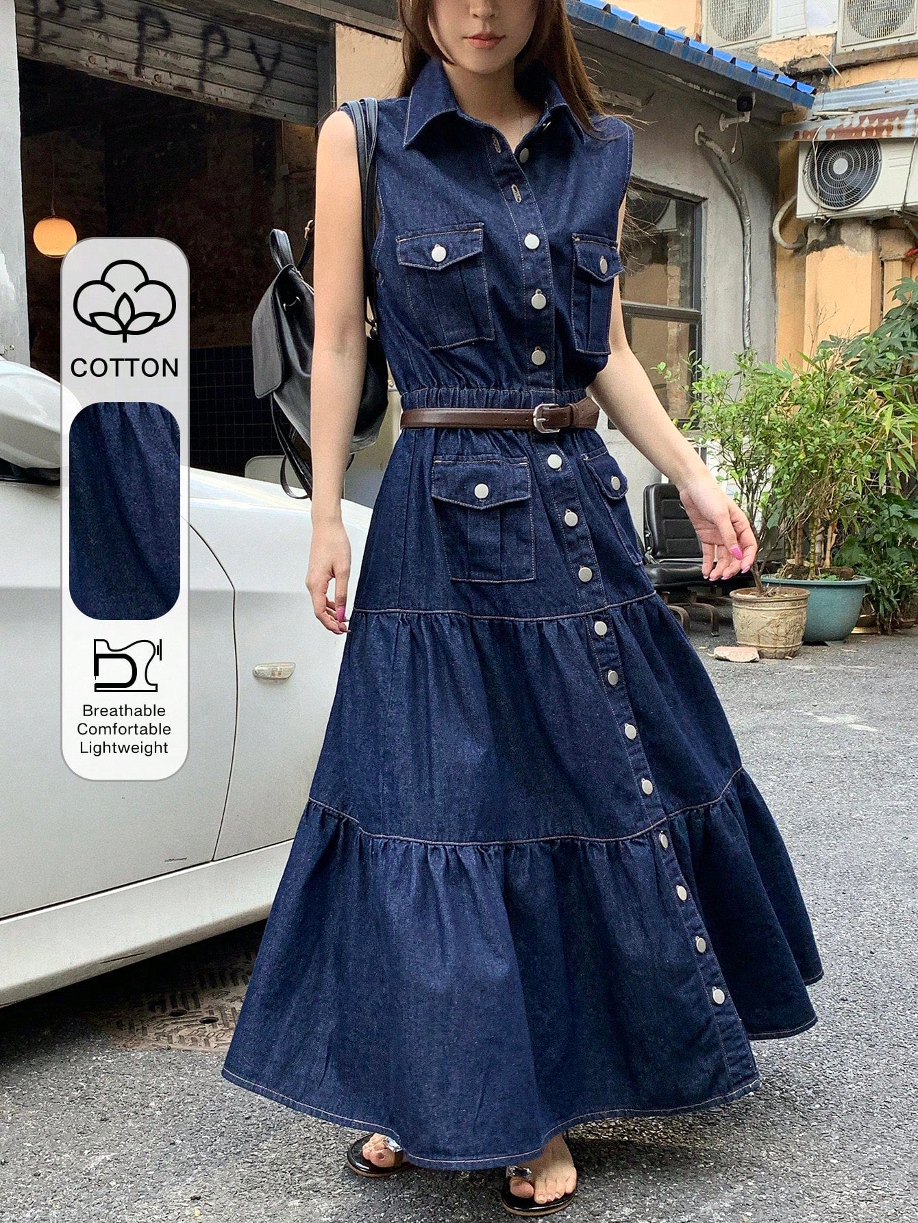 CM-DS548323 Women Casual Seoul Style Collared Sleeveless A-Line Denim Dress - Blue