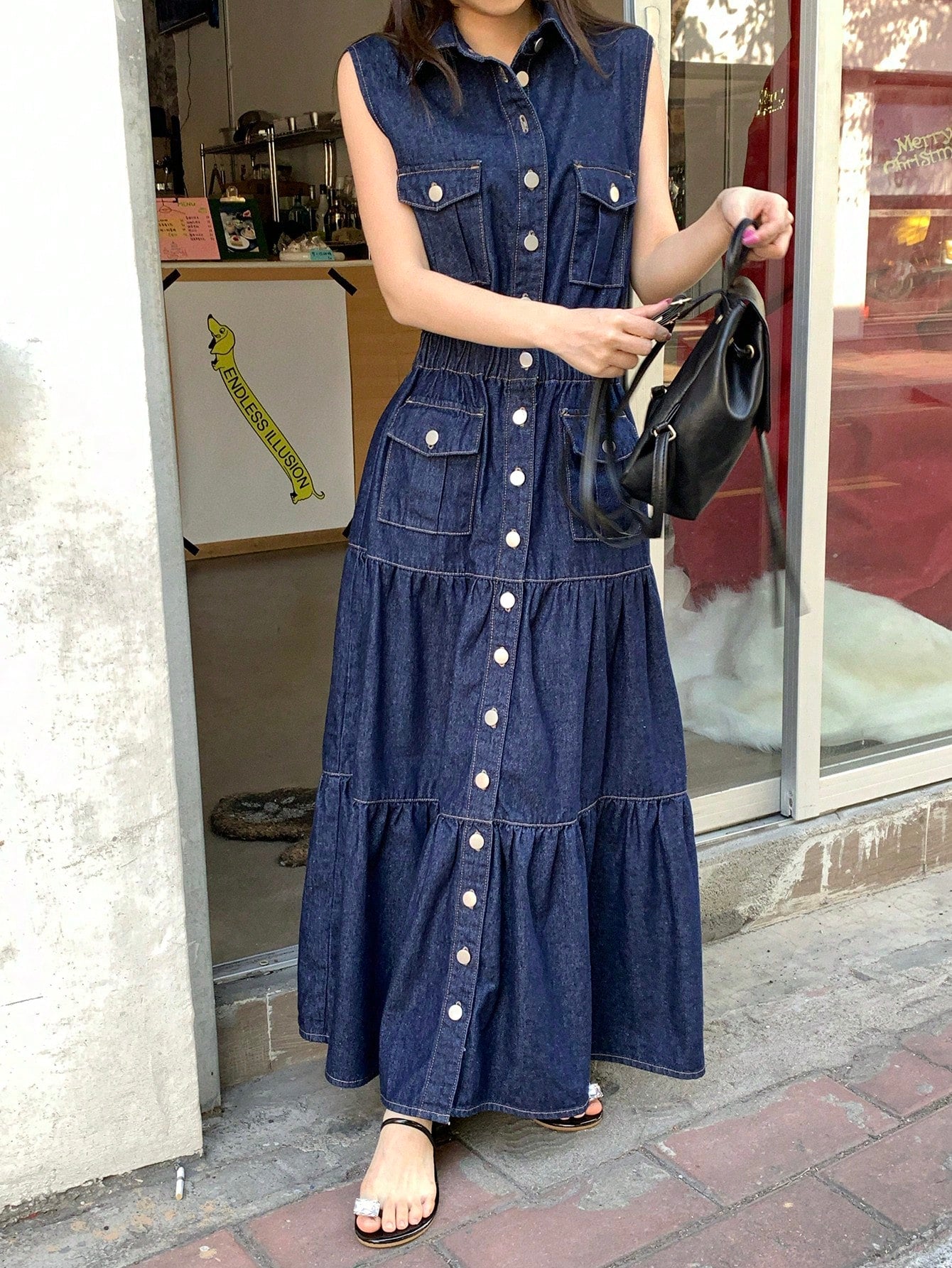 CM-DS548323 Women Casual Seoul Style Collared Sleeveless A-Line Denim Dress - Blue