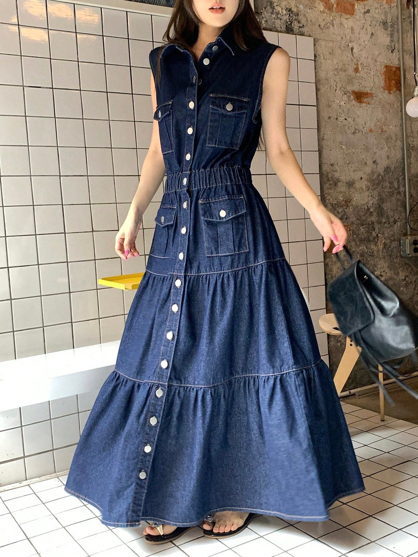 CM-DS548323 Women Casual Seoul Style Collared Sleeveless A-Line Denim Dress - Blue