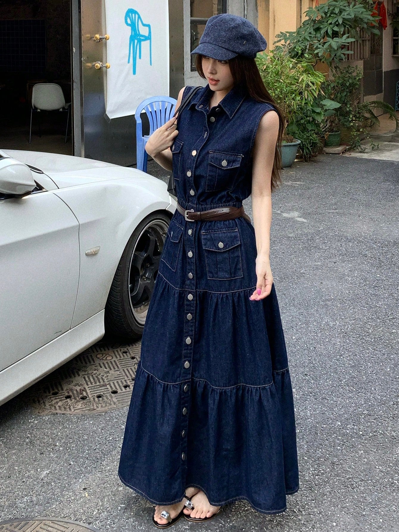 CM-DS548323 Women Casual Seoul Style Collared Sleeveless A-Line Denim Dress - Blue