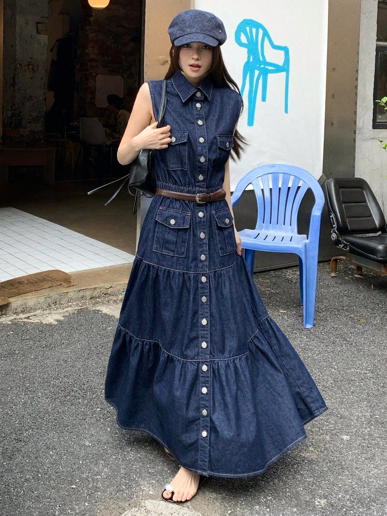 CM-DS548323 Women Casual Seoul Style Collared Sleeveless A-Line Denim Dress - Blue