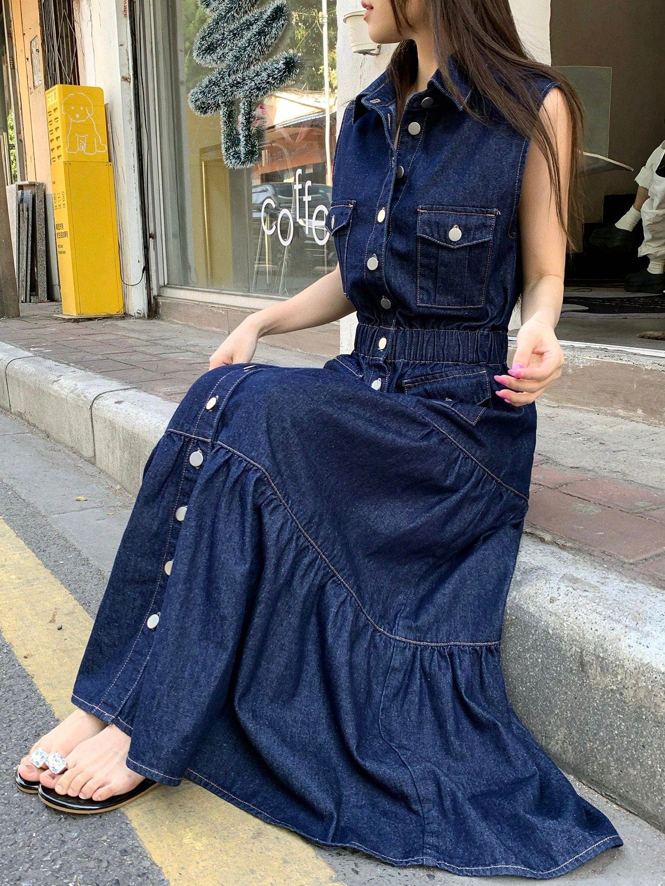 CM-DS548323 Women Casual Seoul Style Collared Sleeveless A-Line Denim Dress - Blue