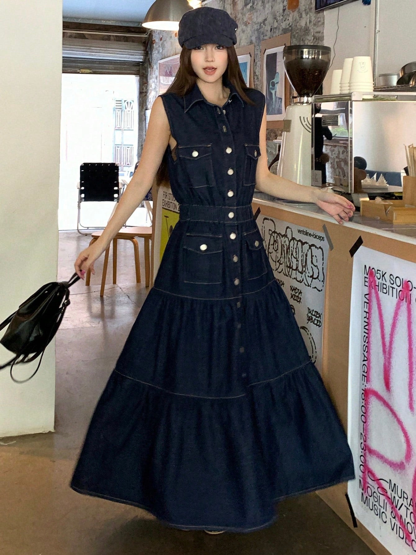 CM-DS548323 Women Casual Seoul Style Collared Sleeveless A-Line Denim Dress - Blue