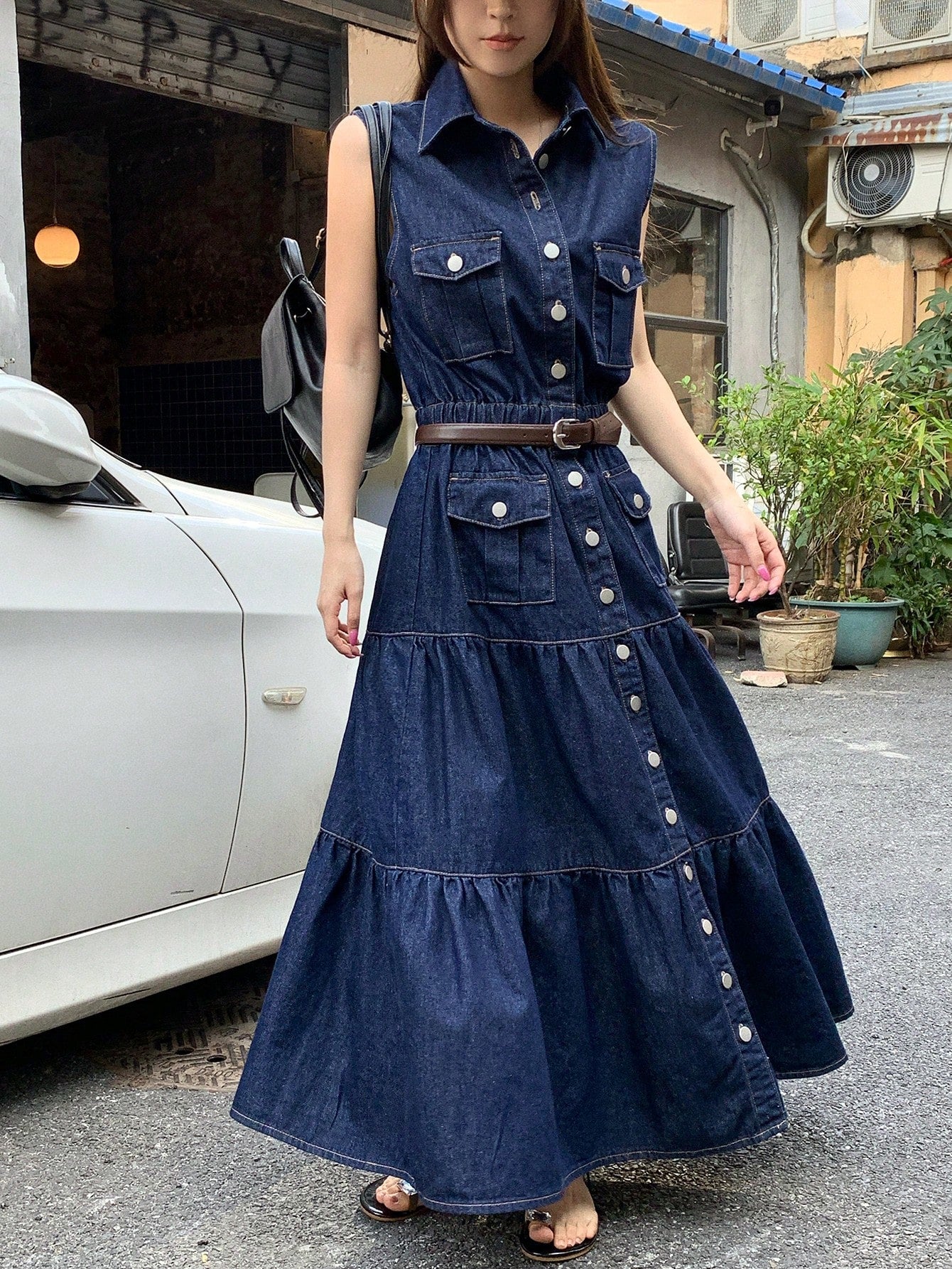 CM-DS548323 Women Casual Seoul Style Collared Sleeveless A-Line Denim Dress - Blue