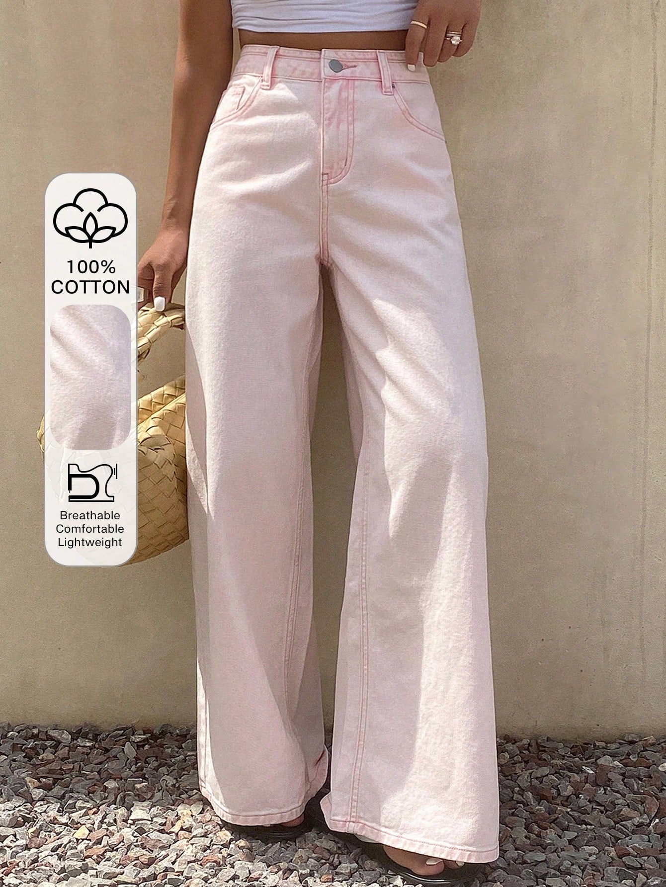 CM-BS255008 Women Casual Seoul Style Mid Waist Loose Straight Leg Jeans - Pink