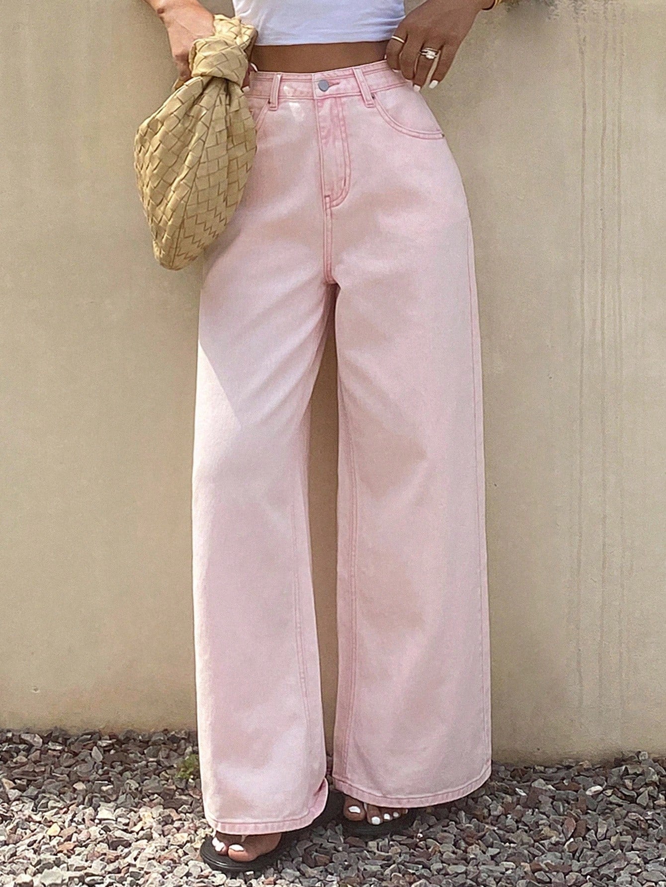 CM-BS255008 Women Casual Seoul Style Mid Waist Loose Straight Leg Jeans - Pink