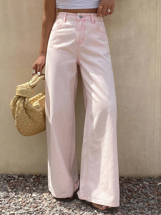 CM-BS255008 Women Casual Seoul Style Mid Waist Loose Straight Leg Jeans - Pink