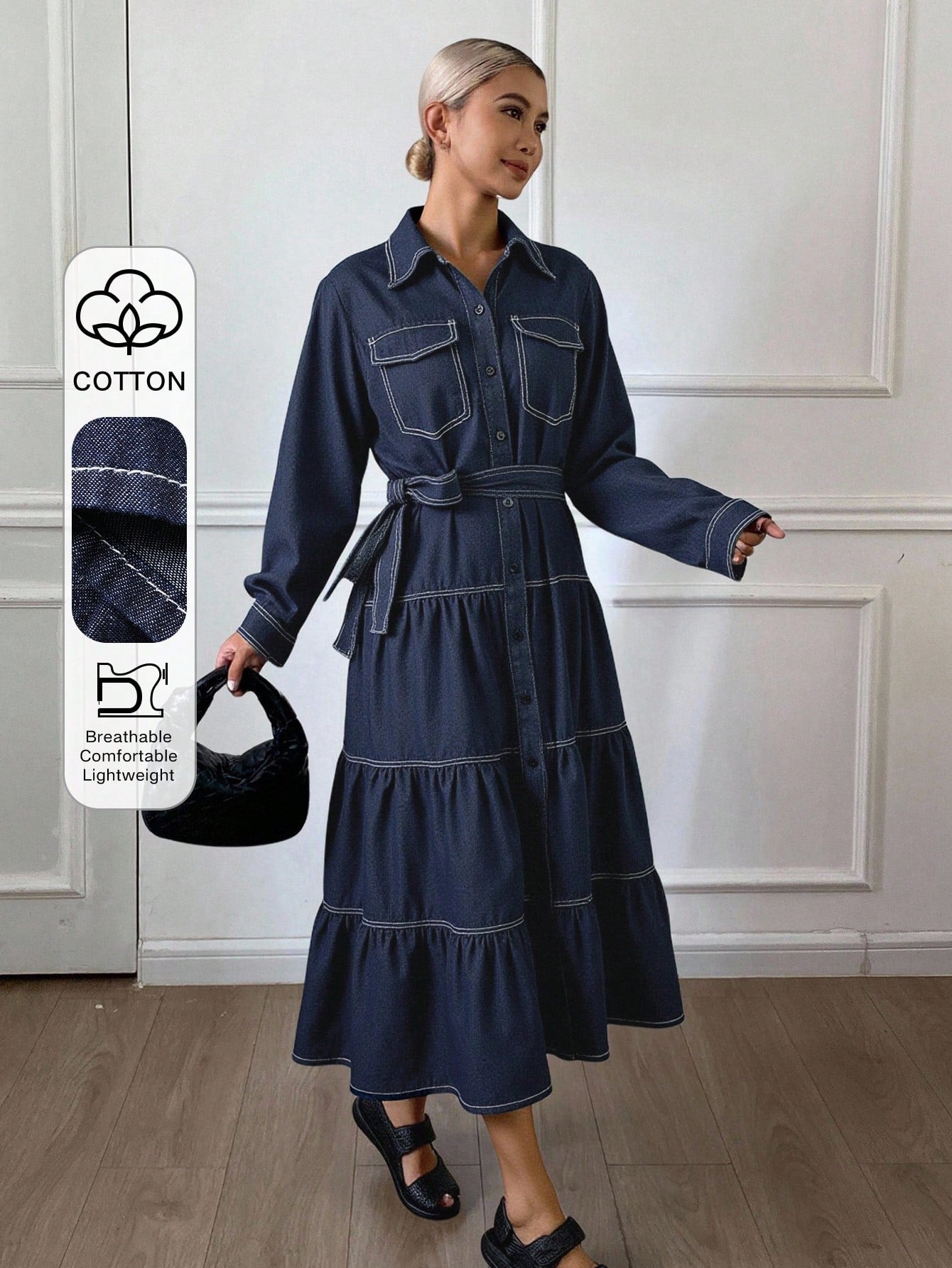 CM-DS030927 Women Casual Seoul Style Collar Neckline Long Sleeve Belted High Waist A-Line Denim Dress - Blue