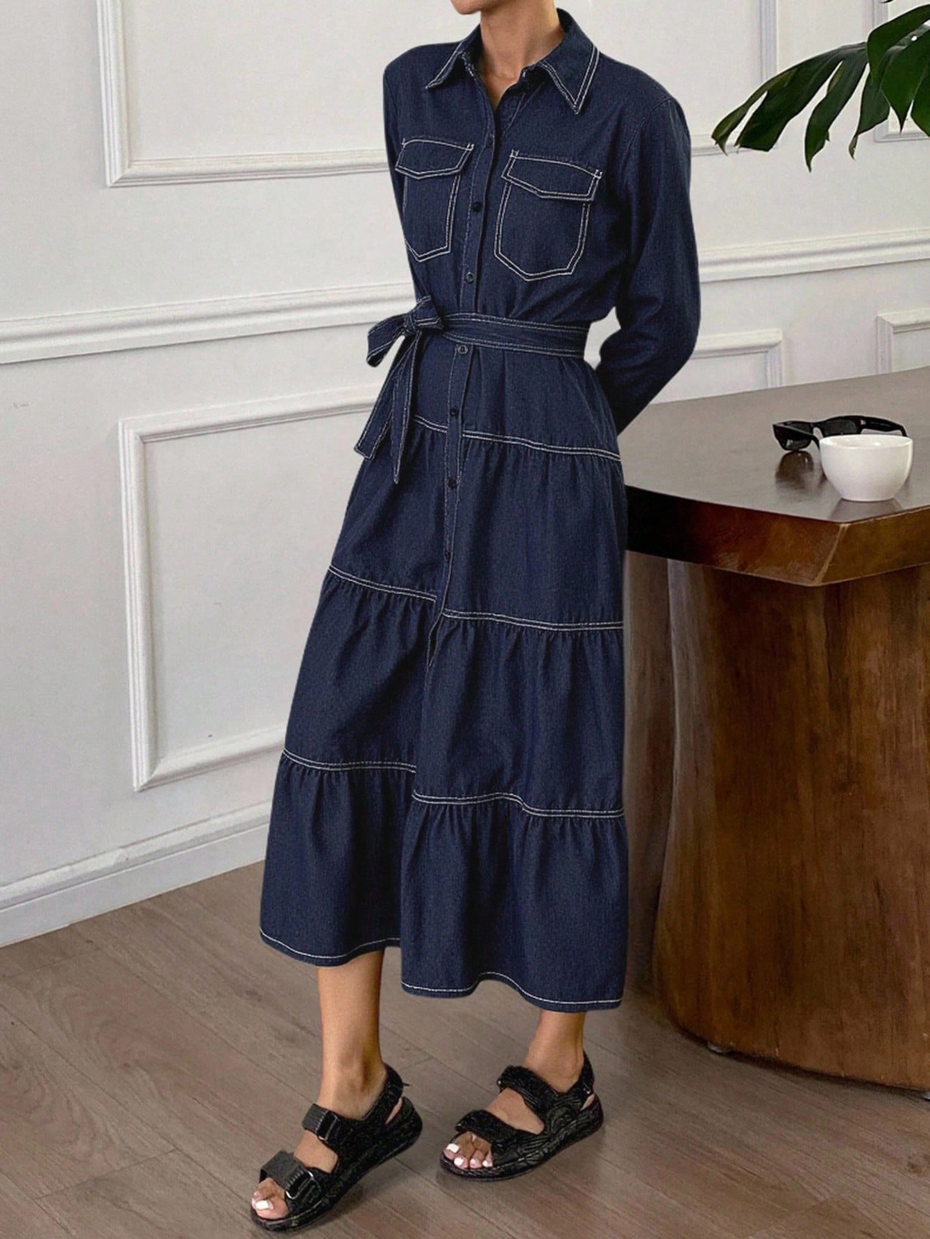CM-DS030927 Women Casual Seoul Style Collar Neckline Long Sleeve Belted High Waist A-Line Denim Dress - Blue