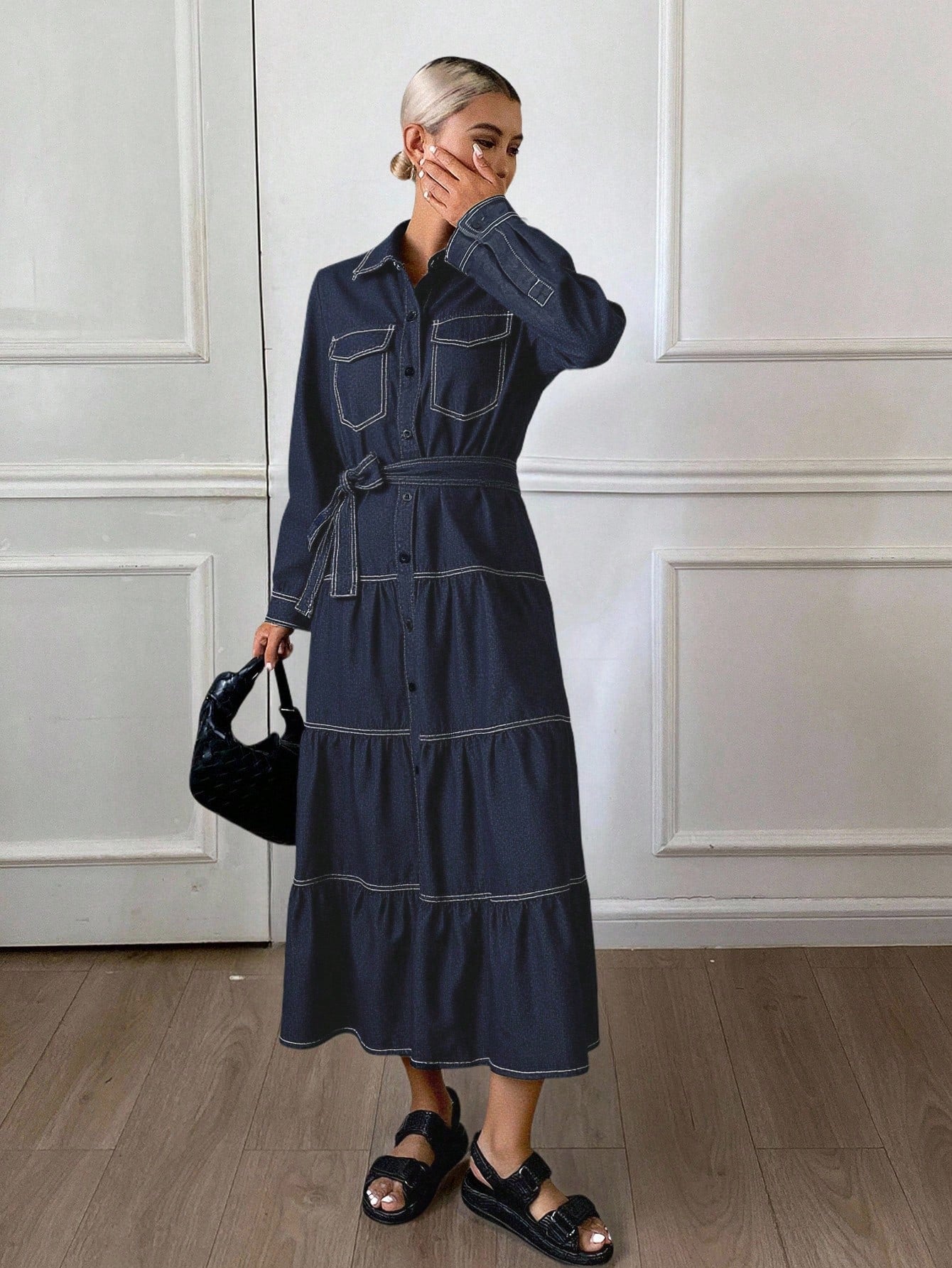 CM-DS030927 Women Casual Seoul Style Collar Neckline Long Sleeve Belted High Waist A-Line Denim Dress - Blue