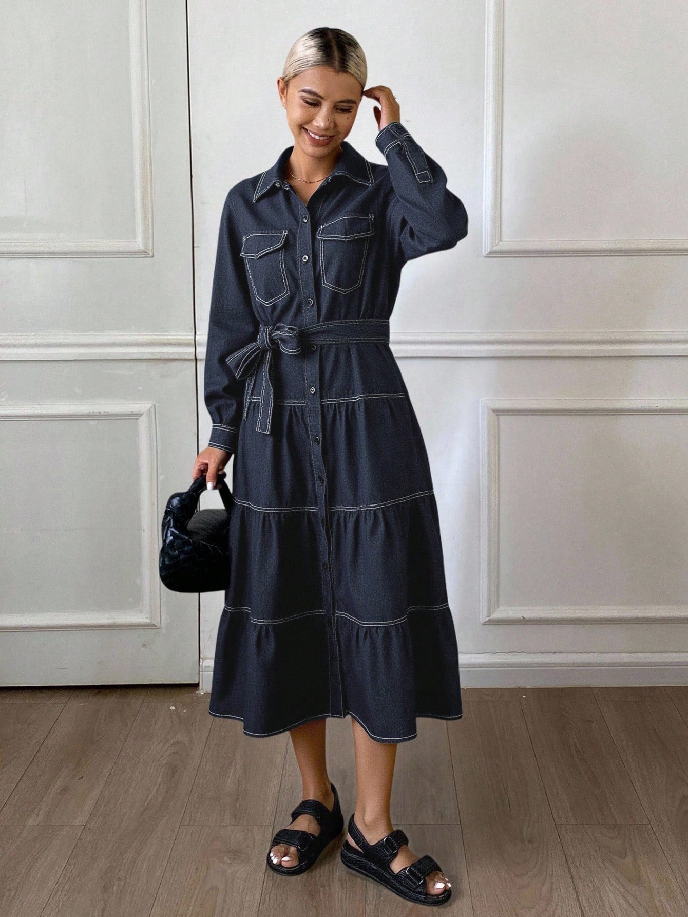 CM-DS030927 Women Casual Seoul Style Collar Neckline Long Sleeve Belted High Waist A-Line Denim Dress - Blue