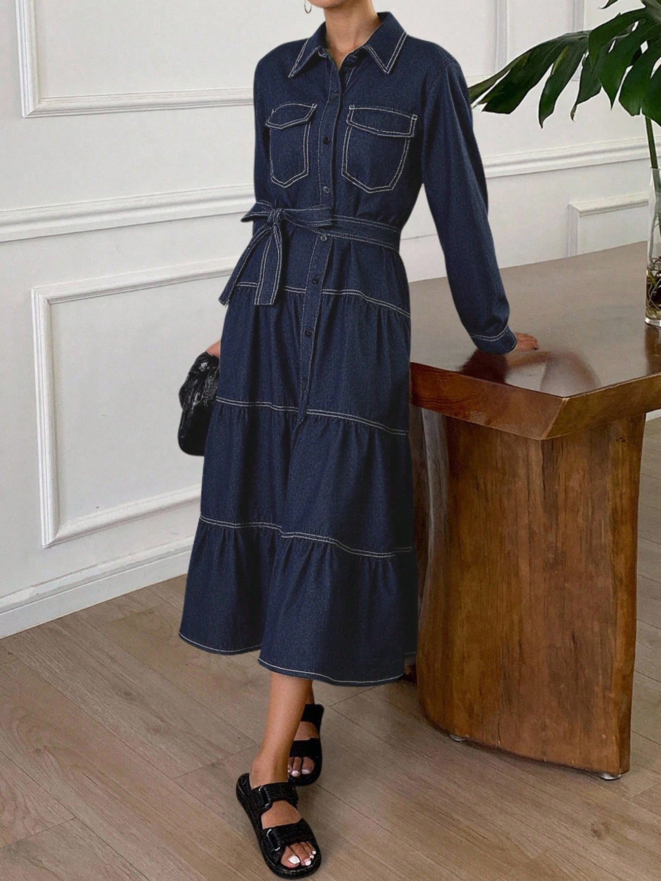 CM-DS030927 Women Casual Seoul Style Collar Neckline Long Sleeve Belted High Waist A-Line Denim Dress - Blue