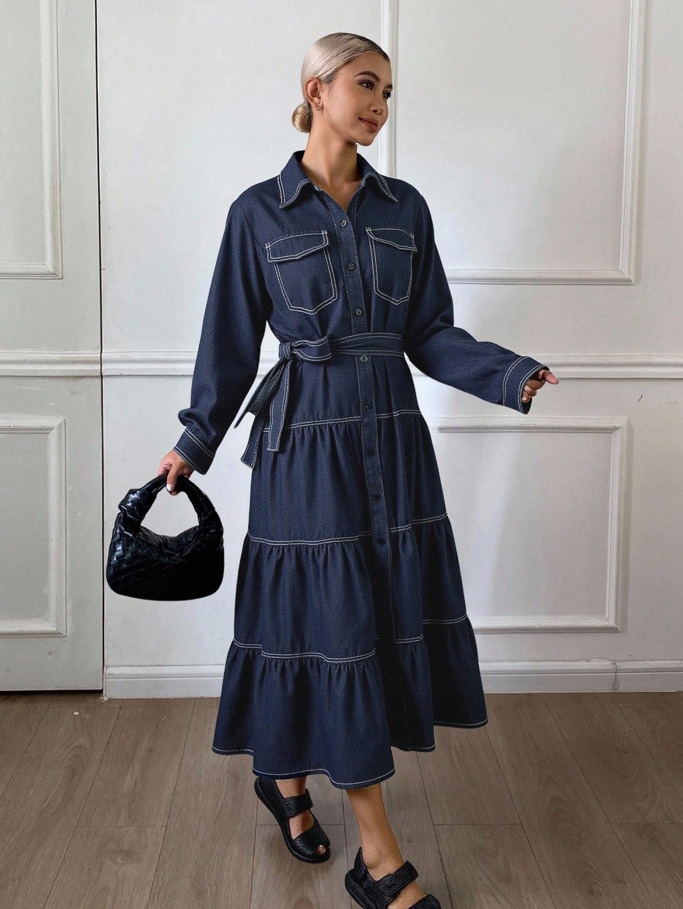 CM-DS030927 Women Casual Seoul Style Collar Neckline Long Sleeve Belted High Waist A-Line Denim Dress - Blue