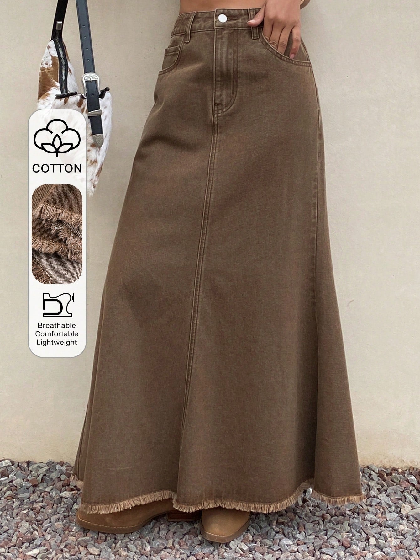 CM-BS334848 Women Casual Seoul Style Solid Color Frayed Hem Fish Tail Denim Maxi Skirt - Brown