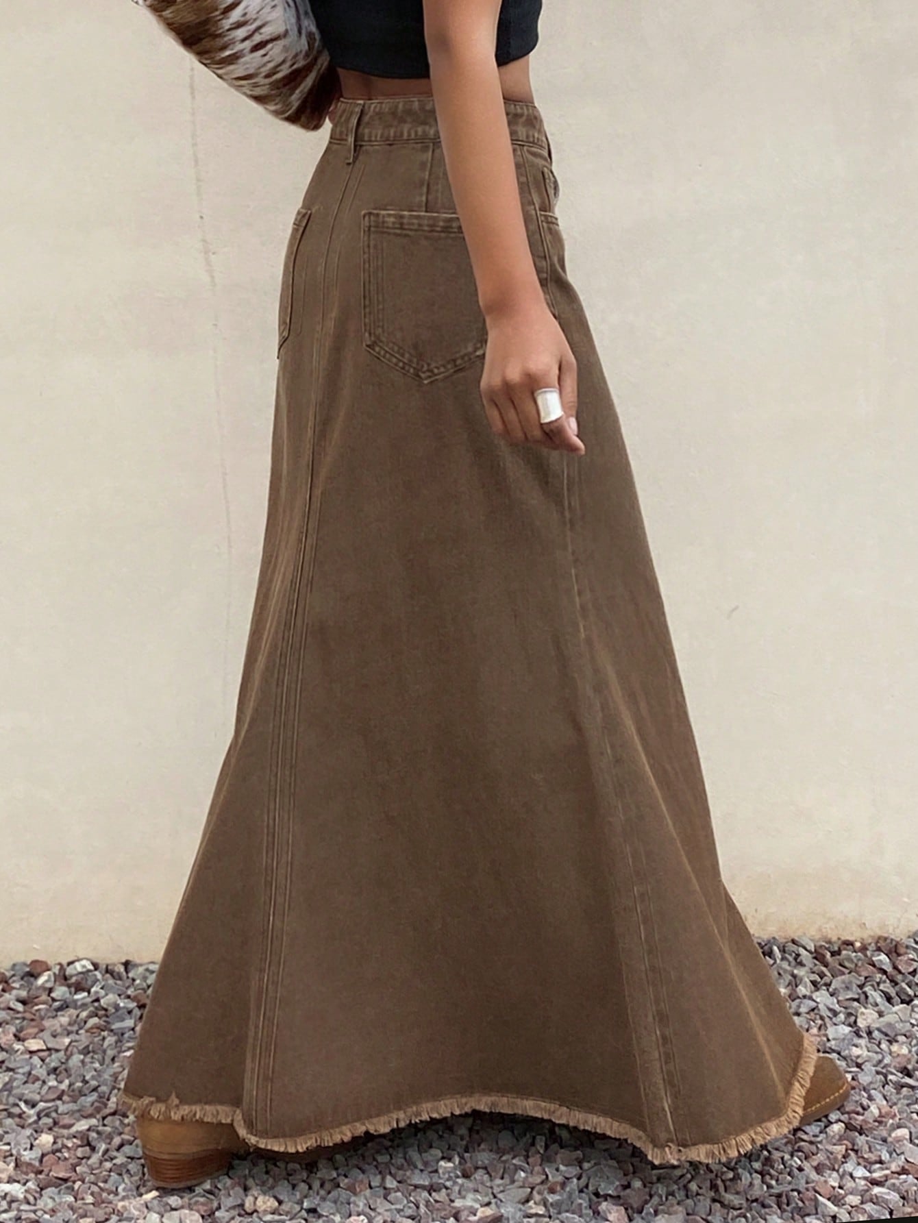 CM-BS334848 Women Casual Seoul Style Solid Color Frayed Hem Fish Tail Denim Maxi Skirt - Brown