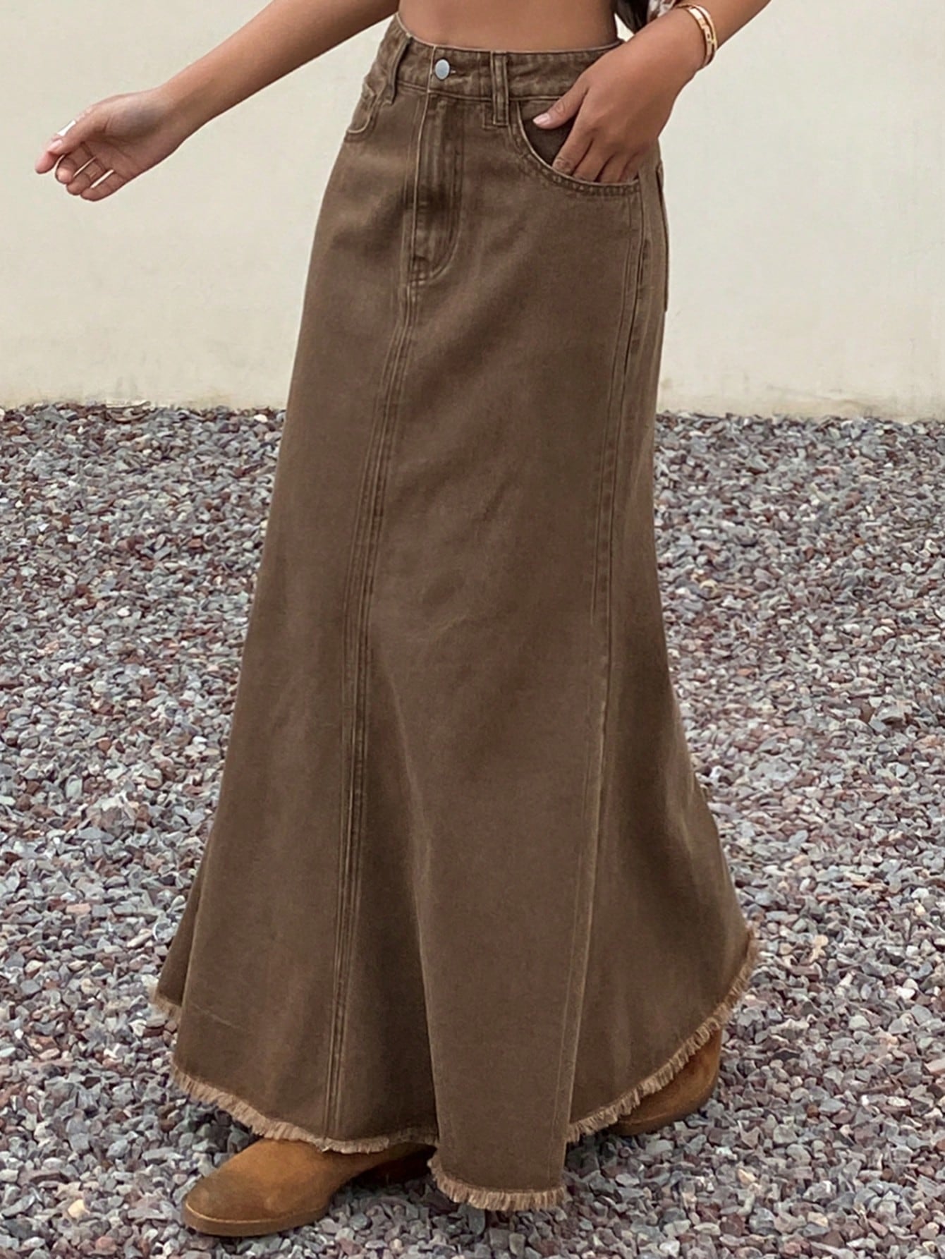CM-BS334848 Women Casual Seoul Style Solid Color Frayed Hem Fish Tail Denim Maxi Skirt - Brown
