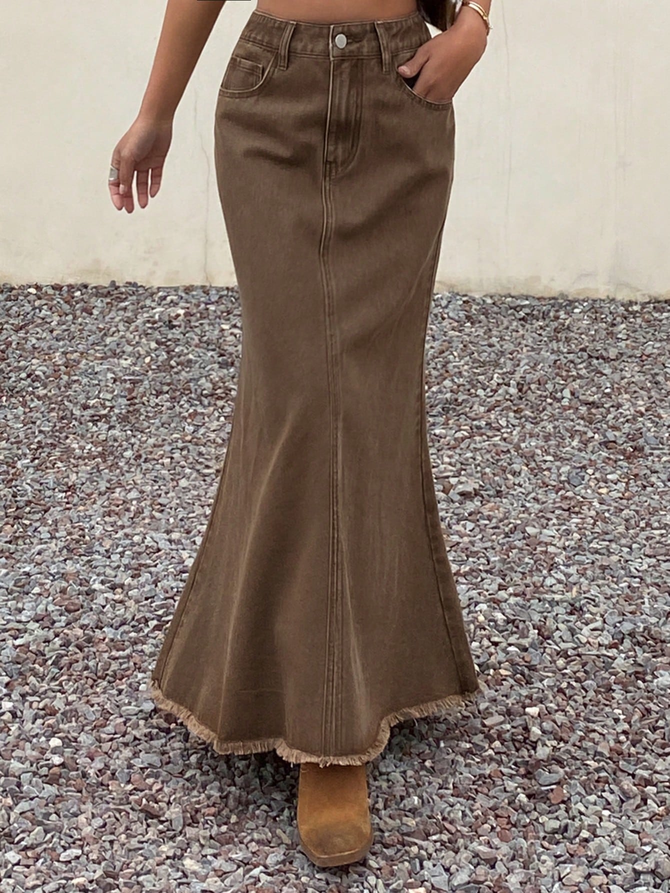 CM-BS334848 Women Casual Seoul Style Solid Color Frayed Hem Fish Tail Denim Maxi Skirt - Brown