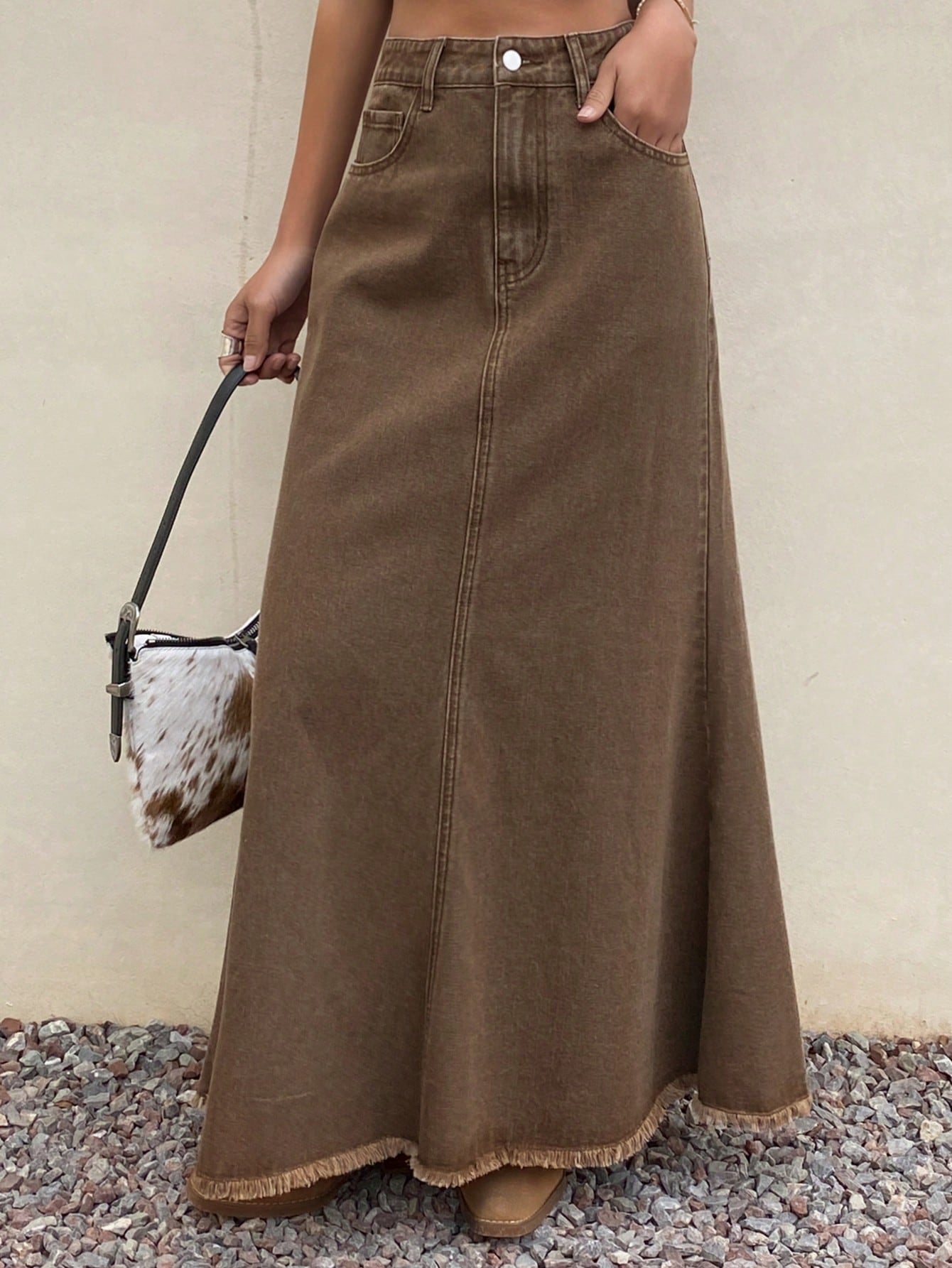 CM-BS334848 Women Casual Seoul Style Solid Color Frayed Hem Fish Tail Denim Maxi Skirt - Brown