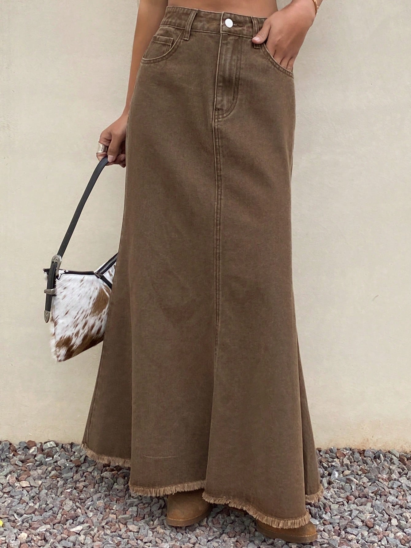 CM-BS334848 Women Casual Seoul Style Solid Color Frayed Hem Fish Tail Denim Maxi Skirt - Brown