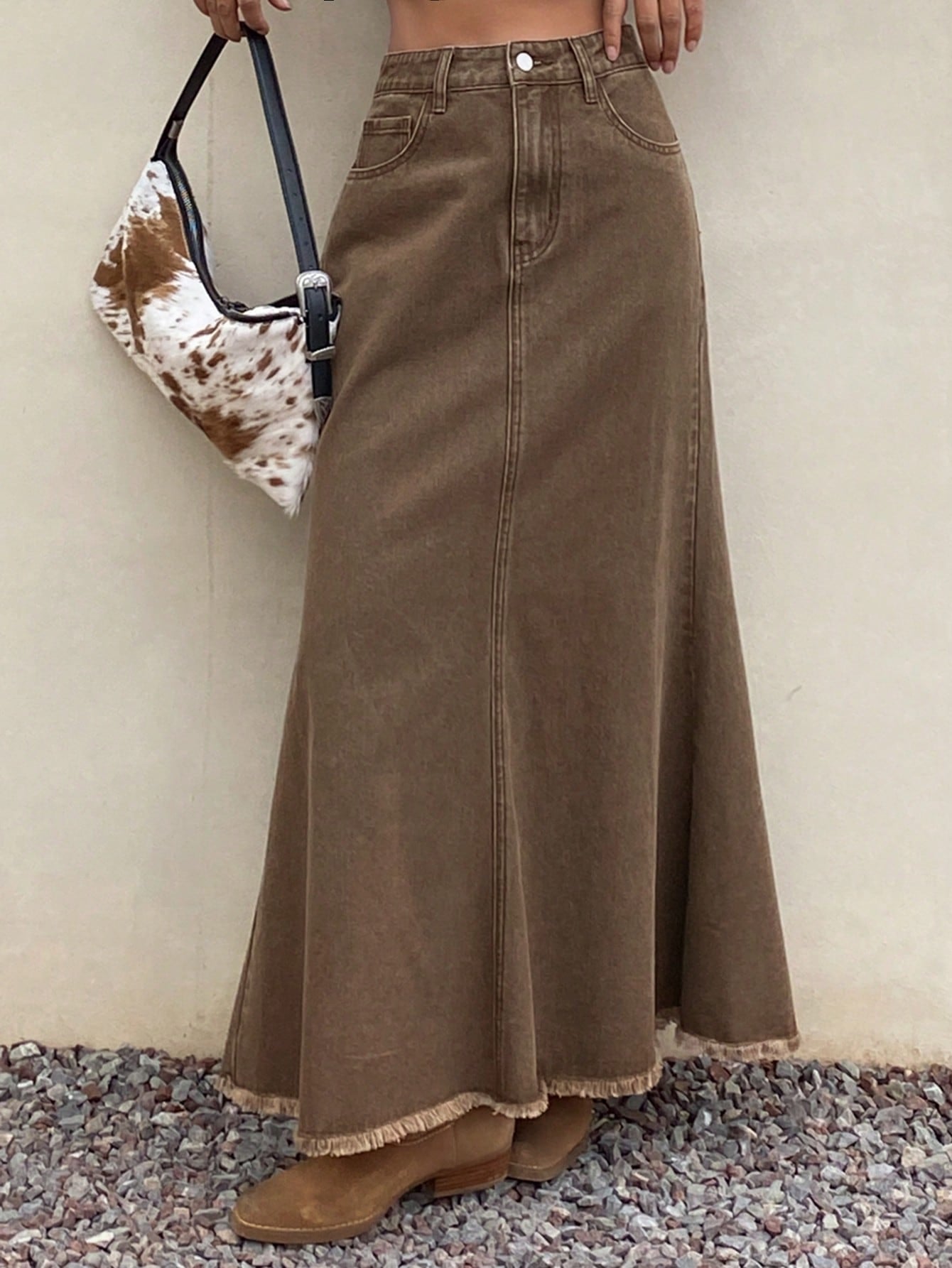 CM-BS334848 Women Casual Seoul Style Solid Color Frayed Hem Fish Tail Denim Maxi Skirt - Brown