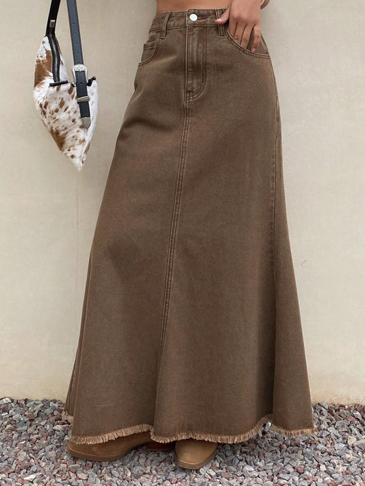 CM-BS334848 Women Casual Seoul Style Solid Color Frayed Hem Fish Tail Denim Maxi Skirt - Brown
