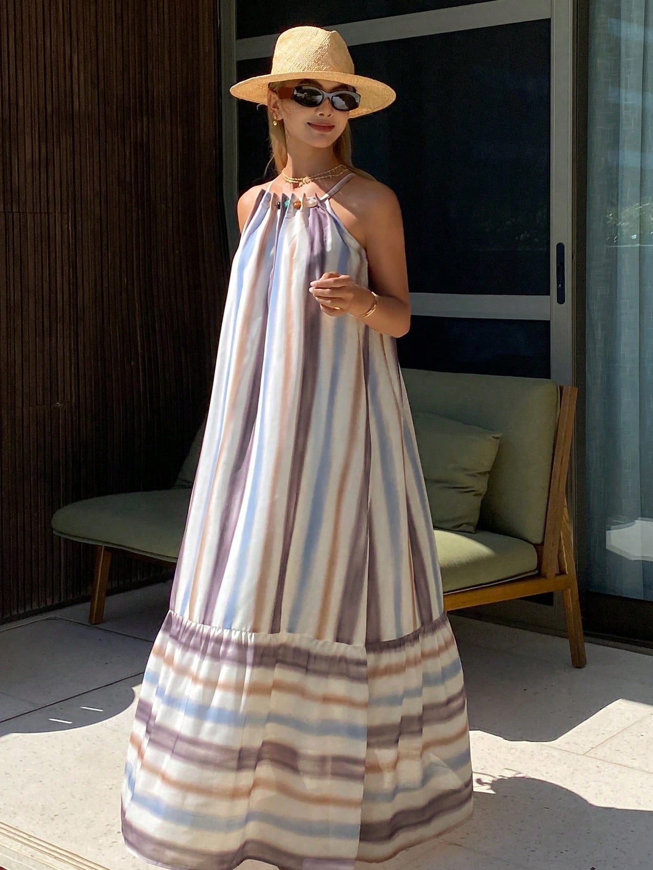 CM-DS719281 Women Trendy Bohemian Style Striped Print Loose Long Hem Spaghetti Strap Dress