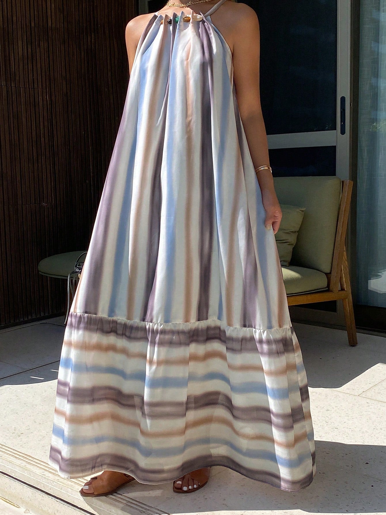 CM-DS719281 Women Trendy Bohemian Style Striped Print Loose Long Hem Spaghetti Strap Dress