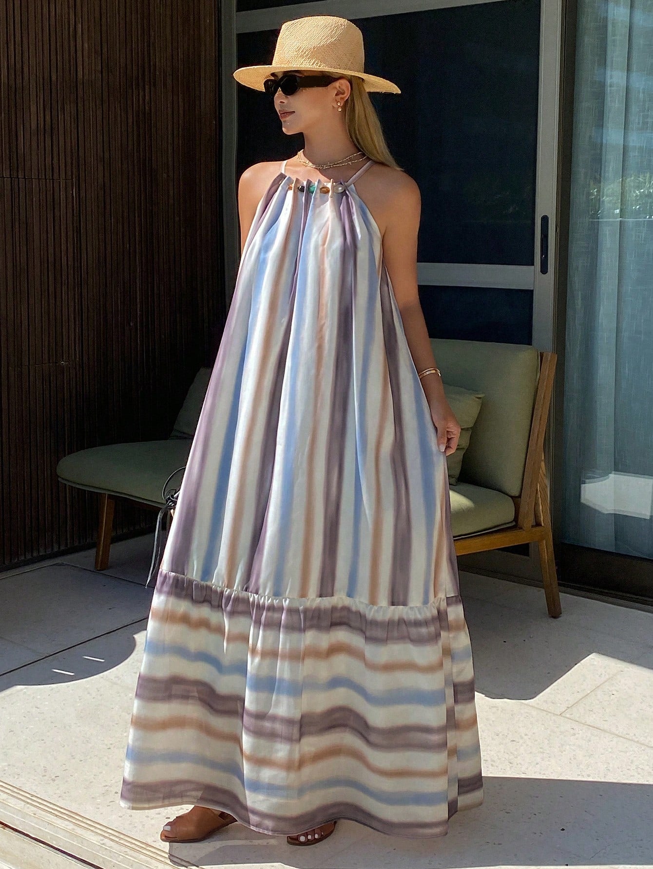 CM-DS719281 Women Trendy Bohemian Style Striped Print Loose Long Hem Spaghetti Strap Dress