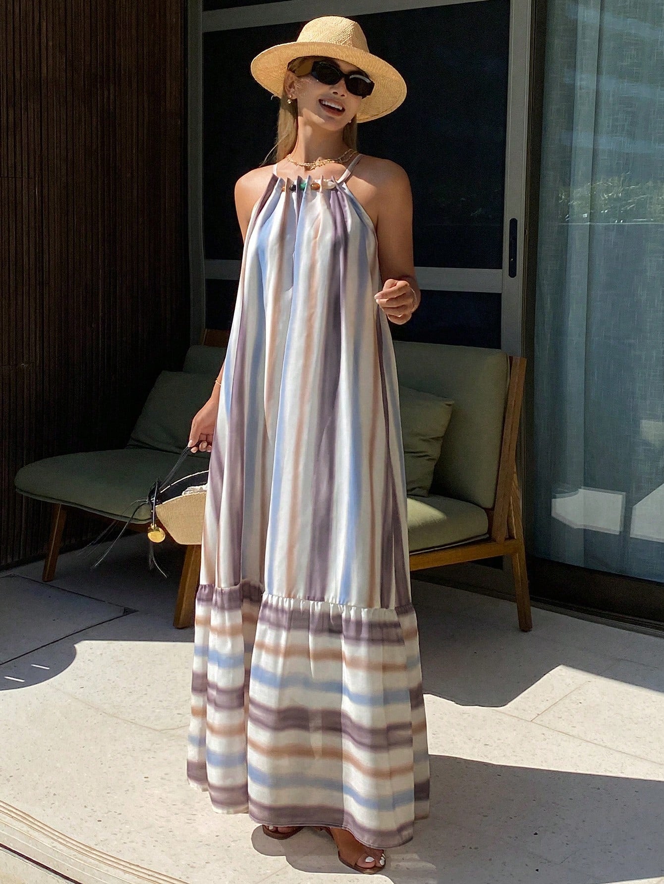 CM-DS719281 Women Trendy Bohemian Style Striped Print Loose Long Hem Spaghetti Strap Dress