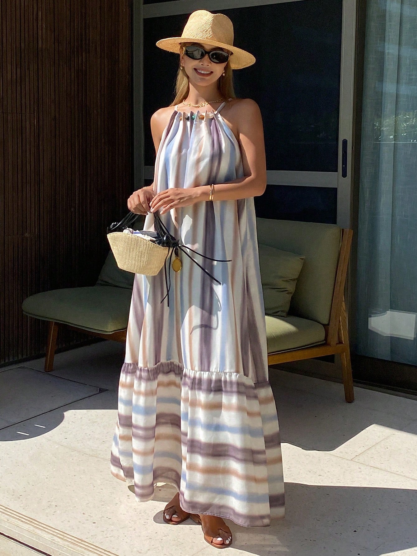 CM-DS719281 Women Trendy Bohemian Style Striped Print Loose Long Hem Spaghetti Strap Dress