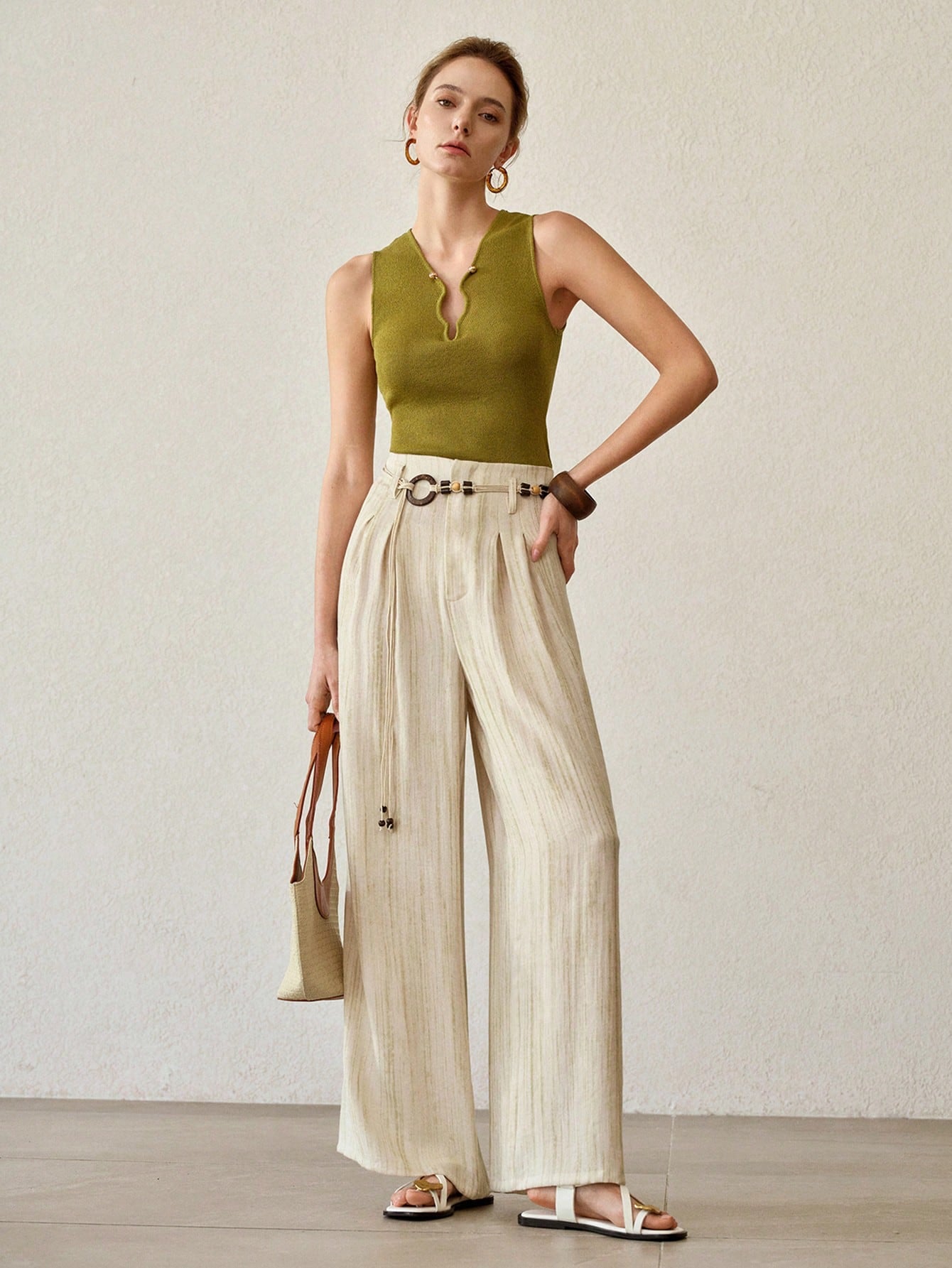CM-BS166163 Women Trendy Bohemian Style High Waist Tie-Dye Linen-Like Belted Wide-Leg Pants