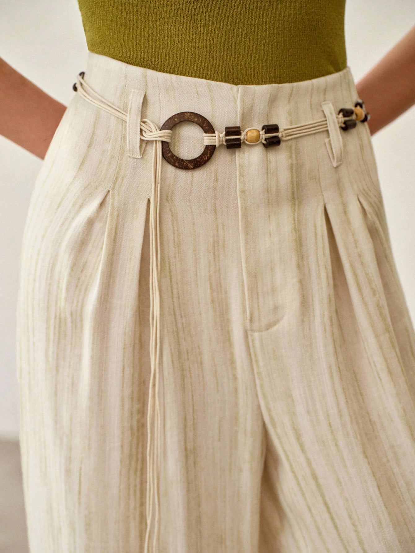 CM-BS166163 Women Trendy Bohemian Style High Waist Tie-Dye Linen-Like Belted Wide-Leg Pants