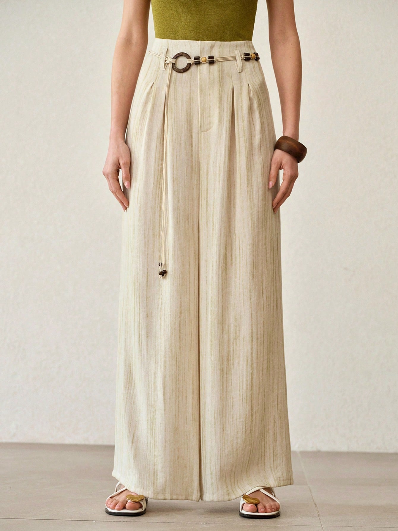 CM-BS166163 Women Trendy Bohemian Style High Waist Tie-Dye Linen-Like Belted Wide-Leg Pants